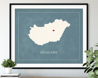 Custom Hungary Map Art - Heart Over ANY City - Customized Country Map Silhouette, Personalized Gift, Hometown Love Print, Travel Heart Map