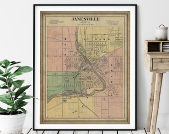 1878 Janesville Wisconsin Map Print, Vintage Map Art, Antique Janesville WI Map, Old Maps, Living Room Art, Wisconsin Print, History Gift