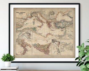 1872 Greek & Phoenician Colonies Map Print - Vintage Map Art, Antique Map Wall Art, Old Map Poster, Sicily, Italy, Greece, Syracuse