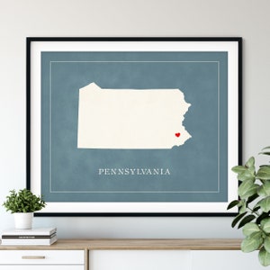 Art de carte personnalisé de Pennsylvanie, coeur sur n'importe quelle ville, silhouette de carte d'état personnalisée, cadeau personnalisé, ville natale amour impression voyage carte coeur