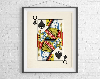 Queen of Spades, Playing Card Art, Game Room Decor, Game Room Art, Poker Gifts, Gambling Gift, Vintage Wall Art, Man Cave Art, Bar Decor