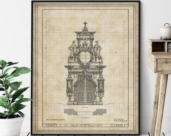 Mission San Jose y San Miguel de Aguayo Elevation Print - Historic Catholic Church Blueprint, Architectural Drawing, San Antonio Print, Gift