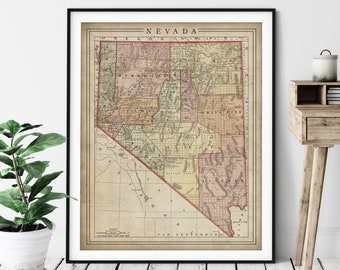 1897 Nevada Map Print, Vintage Map Art, Antique Map, Old Map, Nevada Wall Art, Nevada Art, Nevada Print, Moving Gift, State, County Map