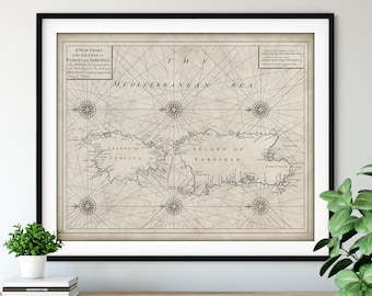 1750 Corsica & Sardinia Island Map Print, Vintage Italy Map Art, Antique Map Wall Art, Old Map Poster, Sailing Gift, Nautical Chart, Sailor