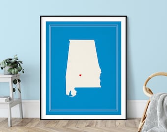 Custom Alabama State Art, Customized State Map Art, Personalized Gift, Alabama Art, Heart Map, Alabama Map, Hometown Love Map, Alabama Print