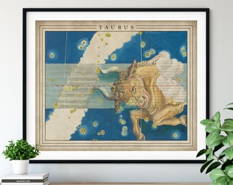 Antique Taurus Print - Astrology Art, Zodiac Wall Decor, Celestial Wall Art, Horoscope Gifts, Astrological Sign, Constellation Poster