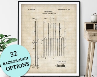 Billiards Cue Stick Rack Patent Print - Customizable Pool Blueprint Plan, Pool Player Gift, Billiards Art Poster, Pool Hall Decor, Game Room