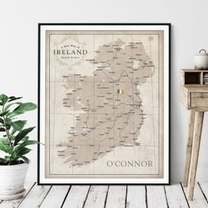 Personalized Irish Last Name Map Print - Custom Irish Clans Gift, Vintage Ireland Map Art, Family Surname, Genealogy Poster, Sept Wall Art