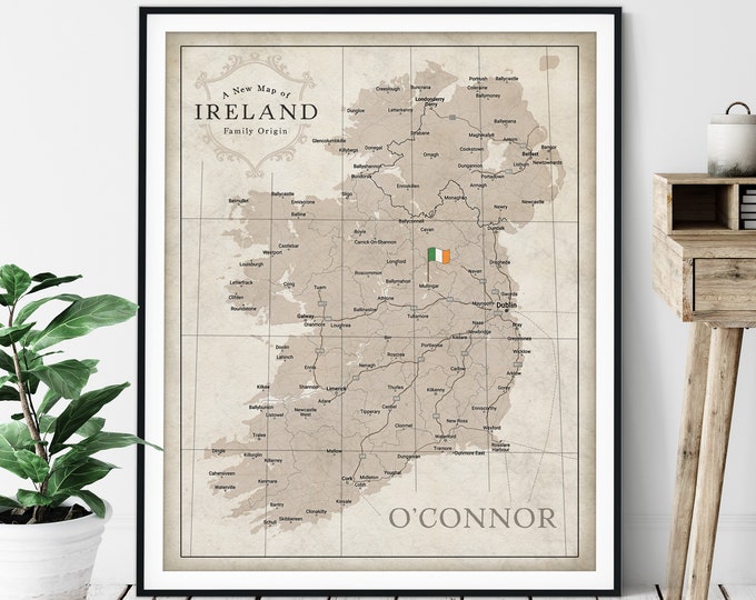 Personalized Irish Last Name Map Print - Custom Irish Clans Gift, Vintage Ireland Map Art, Family Surname, Genealogy Poster, Sept Wall Art