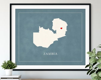 Custom Zambia Map Art, Heart Over ANY City, Customized Country Map Silhouette, Personalized Gift Hometown Love Print Travel Heart Map Decor