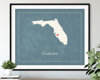 Custom Florida Map Art - Heart Over ANY City - Customized State Map Silhouette, Personalized Gift, Hometown Love Print, Travel Heart Map