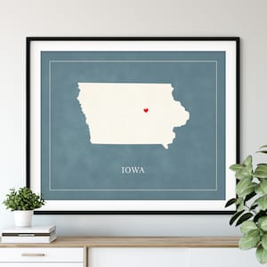Custom Iowa Map Art - Heart Over ANY City - Customized State Map Silhouette, Personalized Gift, Hometown Love Print, Travel Heart Map