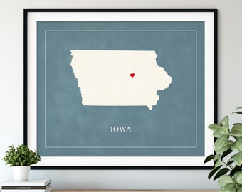 Custom Iowa Map Art - Heart Over ANY City - Customized State Map Silhouette, Personalized Gift, Hometown Love Print, Travel Heart Map