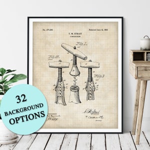 May include: A vintage patent drawing for a corkscrew, showing three different views of the device. The drawing is in black and white on a beige background with a grid pattern. The patent number is 279,203 and the date is June 12, 1883. The inventor's name is T.M. Strait.