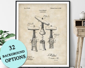 Corkscrew Print - Customizable Wine Bottle Opener Patent, Wine Lover Gift, Bar Cart Decor, Champagne Art, Wine Art, Wine Print Poster