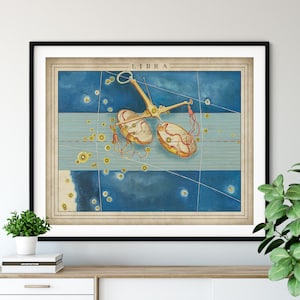 May include: A vintage illustration of the constellation Libra, depicted as a set of scales against a blue starry sky. The scales are gold with red accents, and the stars are yellow. The title "LIBRA" is printed at the top of the image.