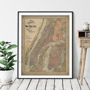 Impression de carte de la ville de New York de 1892, art de la carte de New York vintage, carte de New York antique, cartes anciennes, art du salon, cadeaux de la ville de New York, art mural New York