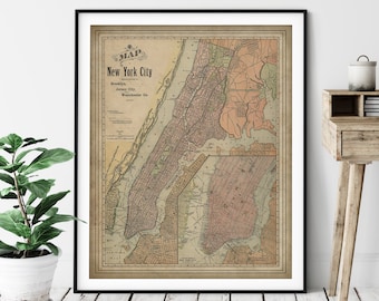 1892 New York City Map Print, Vintage NYC Map Art, Antique New York Map, Old Maps, Living Room Art, New York City Gifts, New York Wall Art
