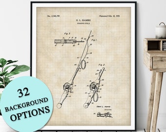 Fishing Pole Patent Print - Customizable Fishing Rod Blueprint Plan, Fisherman Gift, Gifts for Dad, Fisher Poster, Fish Angling Wall Art