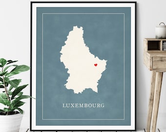 Custom Luxembourg Map Art - Heart Over ANY City - Customized Country Map Silhouette, Personalized Gift, Hometown Love Print Travel Heart Map