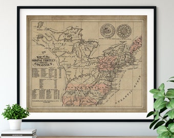 1880 Thirteen Colonies Map Print, Vintage US Map Art, Antique Map, Old Map, United States Map, History Gift, 13 Colonies, USA Map, America