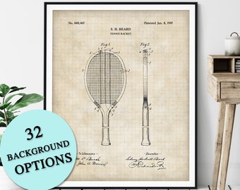 Tennis Racket Patent Print - Customizable Tennis Racquet Blueprint Plan, Tennis Player Gift, Tennis Art Poster, Home Gym Decor, Game Room