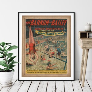 1895 Vintage Barnum & Bailey Print - Antique Water Circus Poster, Circus Art, Circus Print, Swimmer Art, Circus Print, Swimming Gift, Diver