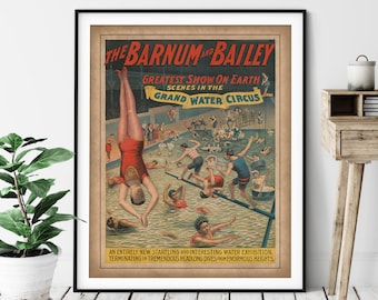 1895 Vintage Barnum & Bailey Print - Antique Water Circus Poster, Circus Art, Circus Print, Swimmer Art, Circus Print, Swimming Gift, Diver