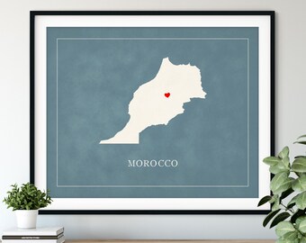 Custom Morocco Map Art - Heart Over ANY City - Customized Country Map Silhouette, Personalized Gift, Hometown Love Print, Travel Heart Map