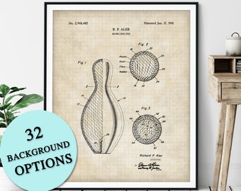 Bowling Pin Patent Print - Customizable Bowling Blueprint Plan, Bowler Gift, Bowling Art Poster, Bowling Wall Decor, Game Room Art, Office