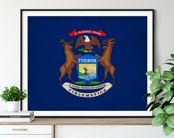 Michigan Flag Art, Michigan Flag Print, State Flag Poster, Vintage Flag Painting, Michigan Poster, Patriotic Gifts, Michigan State Pride