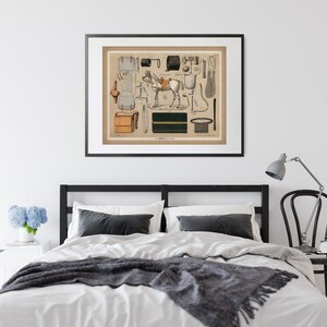 May include: A vintage illustration of horse-drawn carriage equipment, including a saddle, bridle, reins, whip, and other accessories. The illustration is in black and white with some colour accents.