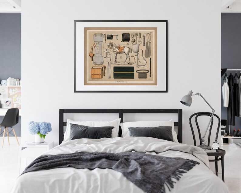 May include: A vintage illustration of horse-drawn carriage equipment, including a saddle, bridle, reins, whip, and other accessories. The illustration is in black and white with some colour accents.