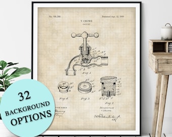 Bathroom Faucet Patent Print - Customizable Blueprint Plan, Bathtub, Sink, Guest Bathroom Art Poster, Master Bathroom Wall Decor, Restroom