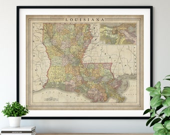 1897 Louisiana Map Print, Vintage Map Art, Antique Map, Old Map, County Map Wall Art, State Map, Louisiana Art, Louisiana Print, Baton Rouge