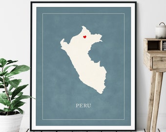 Custom Peru Map Art - Heart Over ANY City - Customized Country Map Silhouette, Personalized Gift, Hometown Love Print, Travel Heart Map