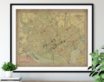 1897 Washington DC Map Print, Vintage Map Art, Antique Map Wall Art, Washington DC Neighborhood Map, Old Map, Washington DC Art, Street Map