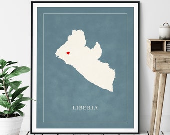 Custom Liberia Map Art - Heart Over ANY City - Customized Country Map Silhouette, Personalized Gift, Hometown Love Print, Travel Heart Map