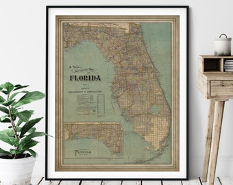 1913 Florida Map Print, Vintage Map Art, Antique Florida Map, Old Map, Florida Wall Art, Florida Art, Florida Print, Florida Gifts USA