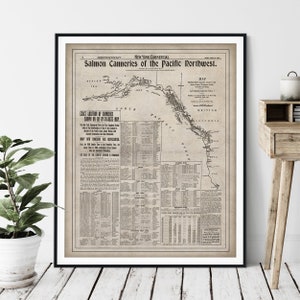 1901 Salmon Canneries of Pacific Northwest Map Print - Vintage Map Art, Antique Nautical Map Poster, North Pacific Ocean, Salmon Fishing