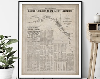 1901 Salmon Canneries of Pacific Northwest Map Print - Vintage Map Art, Antique Nautical Map Poster, North Pacific Ocean, Salmon Fishing