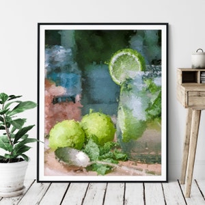 Mojito Print - &quot;Twist of Lime&quot; - Cocktail Oil Painting Poster, Alcohol Wall Decor, Wet Bar Artwork, Game Room Art, Alcoholic Drinks, Gift