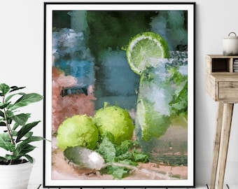 Mojito Print - "Twist of Lime" - Cocktail Oil Painting Poster, Alcohol Wall Decor, Wet Bar Artwork, Game Room Art, Alcoholic Drinks, Gift