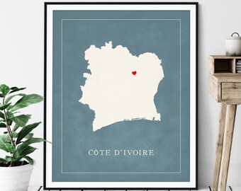 Custom Côte d'Ivoire Map Art - Heart Over ANY City - Customized Country Silhouette, Personalized Gift, Hometown Love Print, Travel Heart Map