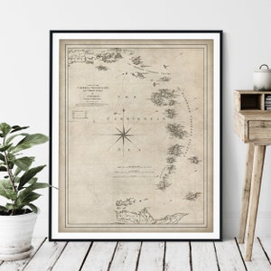 Impression de carte des îles des Caraïbes de 1779 - art de la carte des Petites Antilles vintage, carte ancienne, affiche de carte ancienne, îles Vierges jamaïcaines sous le vent et au vent
