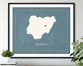 Custom Nigeria Map Art, Heart Over ANY City, Customized Country Map Silhouette, Personalized Gift Hometown Love Print Travel Heart Map Decor