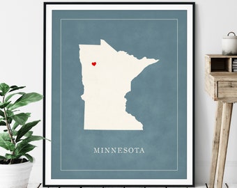 Custom Minnesota Map Art - Heart Over ANY City - Customized State Map Silhouette, Personalized Gift, Hometown Love Print, Travel Heart Map