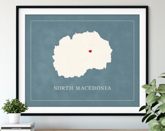 Custom North Macedonia Map Art - Heart Over ANY City - Customized Country Map Silhouette, Personalized Gift, Hometown Love Print, Travel Map