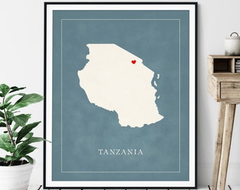 Custom Tanzania Map Art - Heart Over ANY City - Customized Country Map Silhouette, Personalized Gift, Hometown Love Print, Travel Heart Map