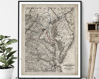 1881 Southern Maryland Railroad Map Print - Vintage Railway Map Art, Antique Chesapeake Bay Wall Art, Old Locomotive Poster, Train Buff Gift